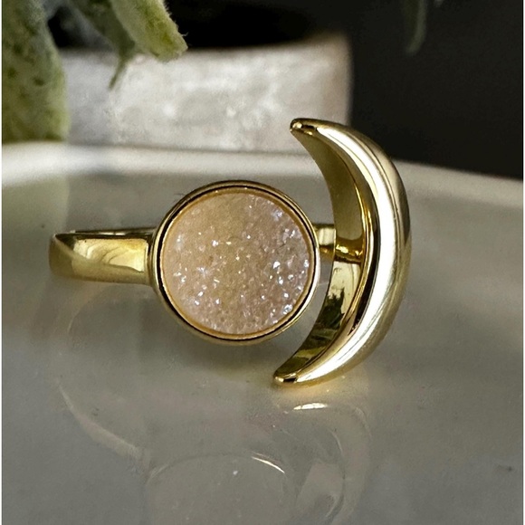 Champagne Druzy Crescent Moon Ring.  Adjustable band is gold plated over brass - Picture 3 of 5